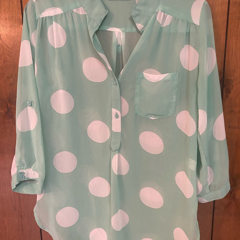 Mint Polka Dot Sheer Button-Front Blouse